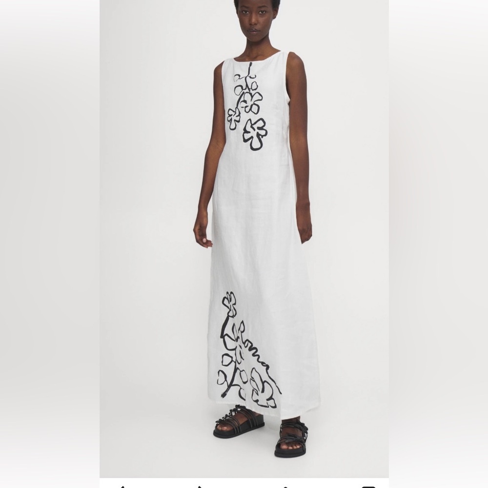 Chic White Linen Maxi Dress with Black Floral Design